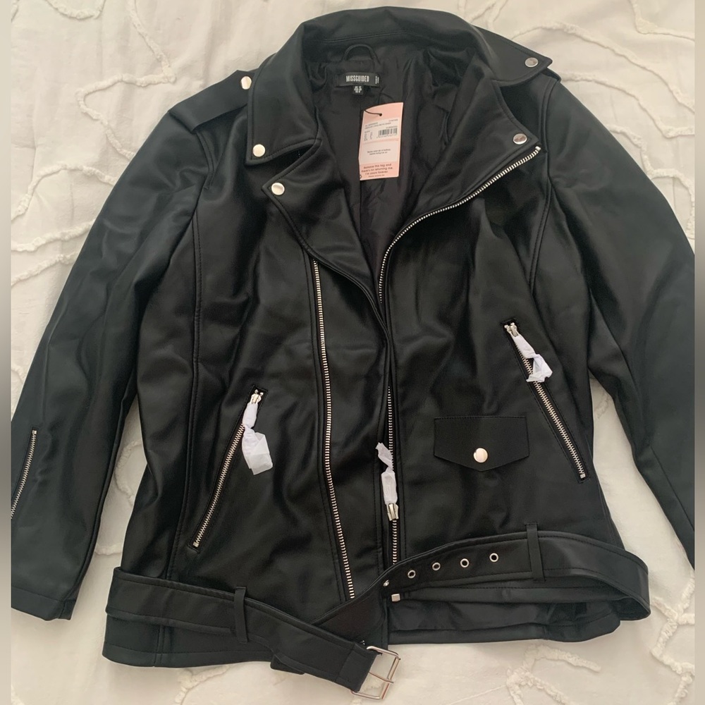 Missguided Premium Longline Faux Leather Biker Jacket Black - Picture 1 of 3